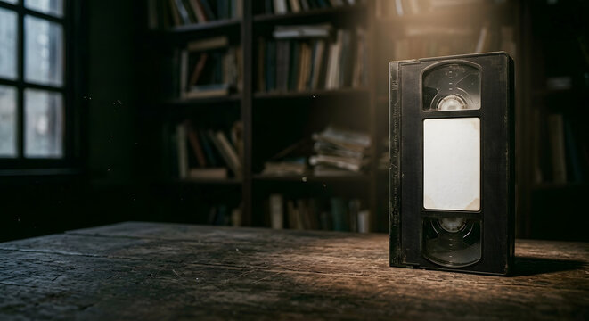Old Black Video Tape Resting on Rustic Wooden Surface