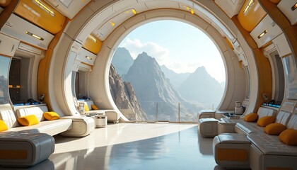 Fototapeta premium Futuristic interior lounge area with large round window displaying rocky mountain panorama. Modern white and yellow furniture, comfortable sofas, and bright natural light create a serene ambiance.