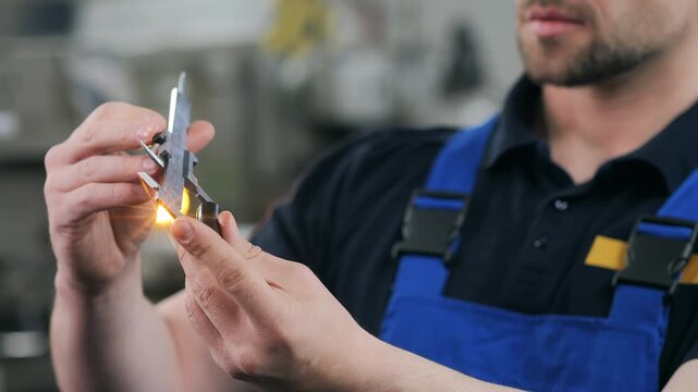 Close up of factory worker using caliper to measure metal component during industrial quality control process.