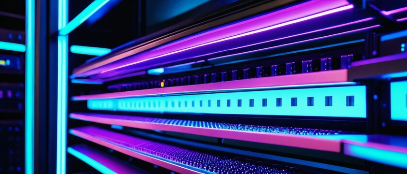 Advanced supercomputer mainframes with glowing blue led indicators data transfer
