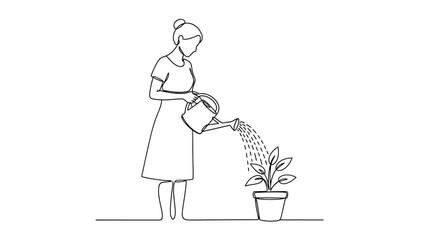 Obraz premium Woman watering a potted plant with a watering can, simple line art illustration