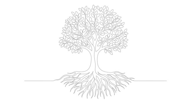 Stylized Tree with Visible Roots - Line Art Illustration