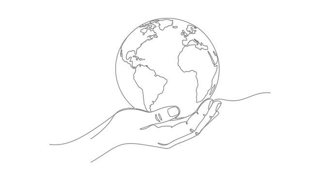 Line Art Hand Holding Earth Globe, Global Care Concept, White Background
