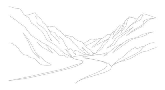 Minimalist mountain valley river line drawing, serene natural landscape outline