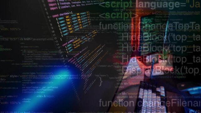 Double exposure of a futuristic computer workspace setup with lines of digital script, coding data, and neon HTML programming software elements overlay.