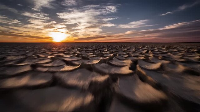 Cracked Earth Landscape at Sunset with Dramatic Clouds.