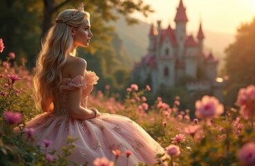 Naklejka premium Blonde woman in princess dress sits in flower garden. Fairy tale castle in background. Golden hour light illuminates lush pink roses. Female dreams, looks aside in fantasy setting.