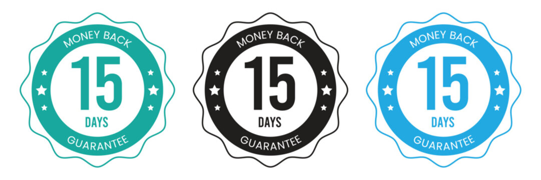 15 days money back guarantee badges with colorful warranty seal labels isolated vector set