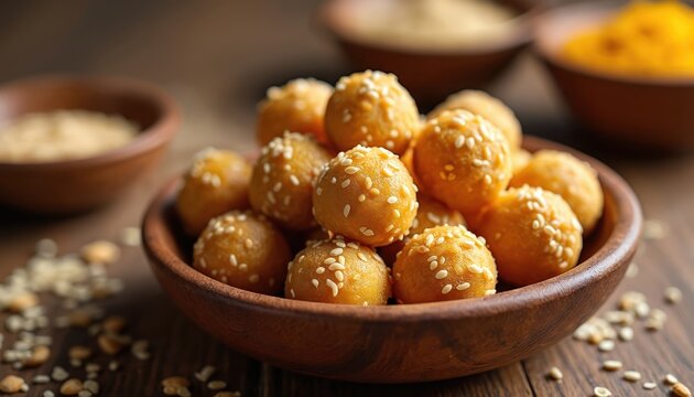 Round sesame seed and jaggery sweets called Til Laddoo served in wooden bowl. These Indian festival foods are tasty, sweet snacks made from natural ingredients.
