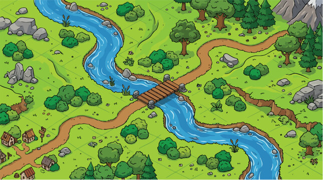 Isometric fantasy game map vector, cartoon forest landscape with winding river and wooden bridge, medieval world map background for gaming