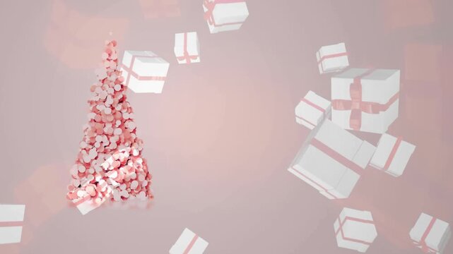 Creative pastel pink Christmas tree shape made of circles surrounded by flying white gift boxes with red ribbons.