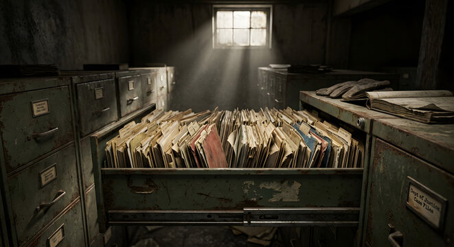 An open metal filing cabinet drawer filled with old folders in a dark room