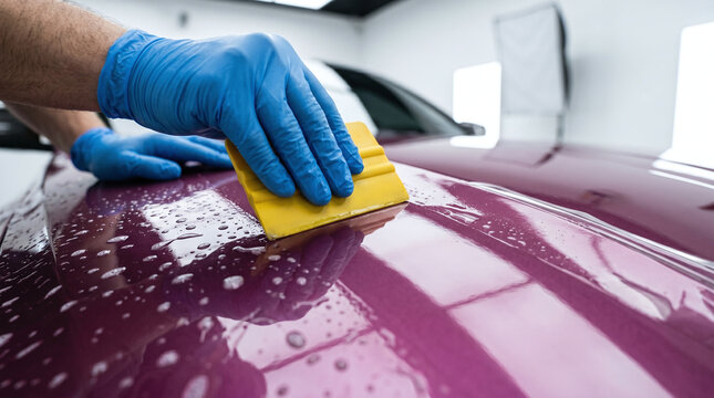 Close-up of a worker in blue gloves applying a transparent paint protection film on a purple luxury car.