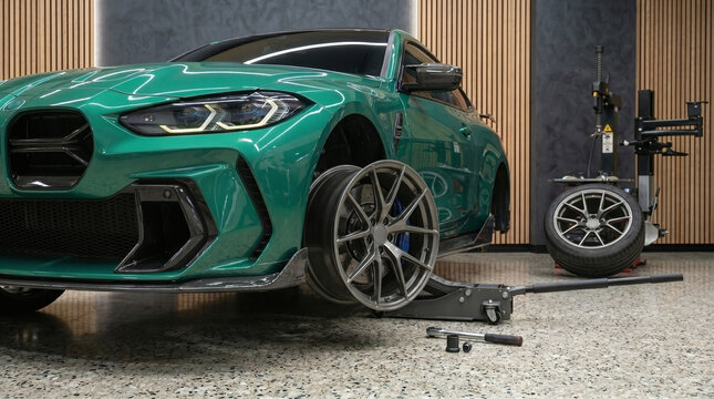 Unbranded green sports car parked in a garage with a missing wheel for brake or suspension repair.
