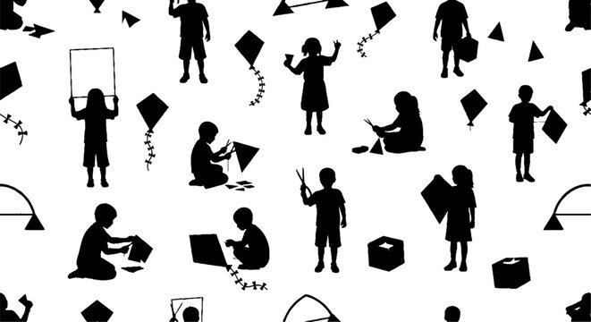 Silhouette figures assembling geometric kites and shapes together.