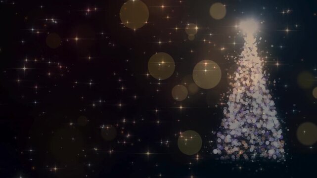 Elegant golden Christmas tree formed by glowing dots and bokeh lights with a bright star topper on a dark background.