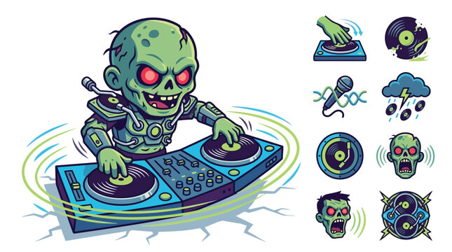 Cartoon zombie DJ vector character playing music on a digital mixing console and turntables, including a set of horror themed music icons like broken vinyl records and microphones.
