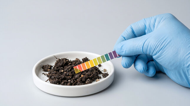 Hand in a blue glove holding a pH indicator test strip over a dish of organic soil compost.

