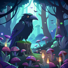Fototapeta premium Raven perched in a glowing enchanted forest at night