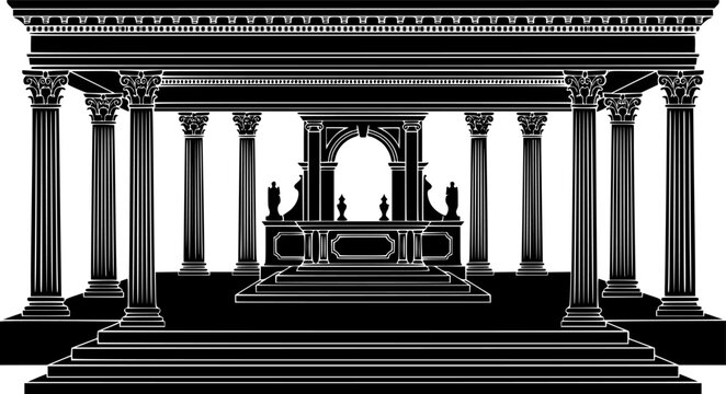 Elegant classical stage with ornate columns and grand altar platform in flat vector silhouette style isolated on white background
