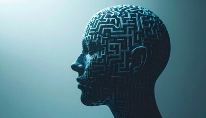 Obraz premium Abstract Digital Brain Maze Pattern on Human Head Silhouette.