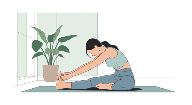 Woman doing seated forward bend yoga pose on mat at home, stretching legs and back