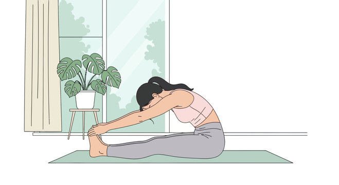Woman doing Paschimottanasana yoga pose, seated forward bend, stretching hamstrings and spine