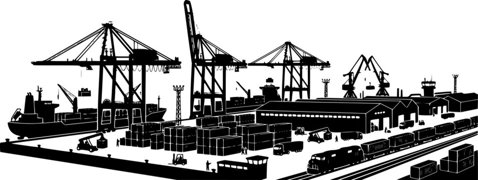 Flat vector silhouette illustration of industrial port with cranes, warehouses, trains, and cargo containers isolated on white background
