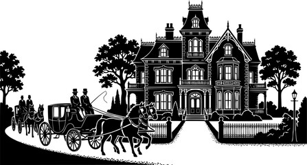 Obraz premium Elegant vintage mansion with horse-drawn carriages and coachmen in flat black and white silhouette style isolated on white background 