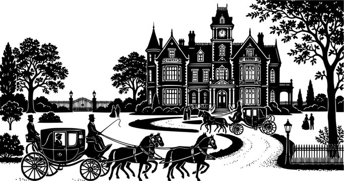 Elegant vintage mansion with horse-drawn carriages and coachmen in flat black and white silhouette style isolated on white background
