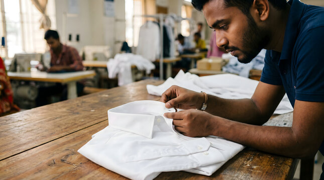Focused south asian male factory inspector checking the quality of a white shirt collar at a garment manufacturing unit.