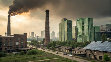 Naklejka premium Industrial chimneys emit thick smoke near green modern buildings under a cloudy sky, blending urban development with pollution and industrial decline.