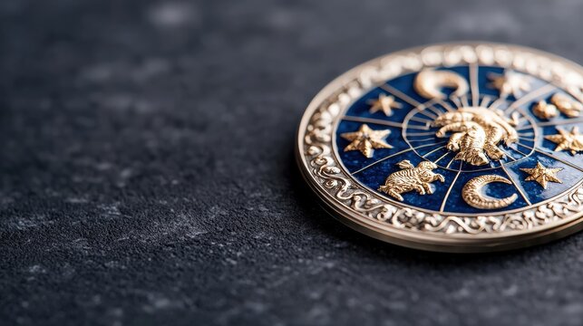 A detailed astrology coin on a dark background symbolizing cosmic beliefs.