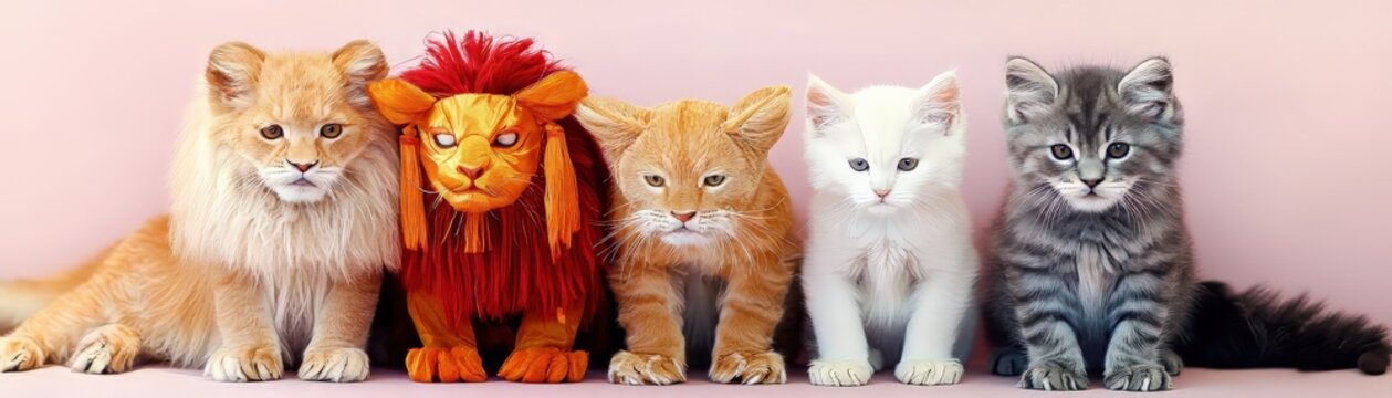A group of adorable cats lined up, including a playful lion plush toy, showcasing their unique personalities.