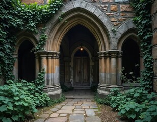 Fototapeta premium Stone gothic archway entrance covered with green ivy. Old weathered architecture features ornate columns and path leading to wooden door. Overgrown plants create mysterious and ancient atmosphere.