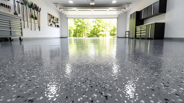 Epoxy garage floor installation in modern residential garage interior