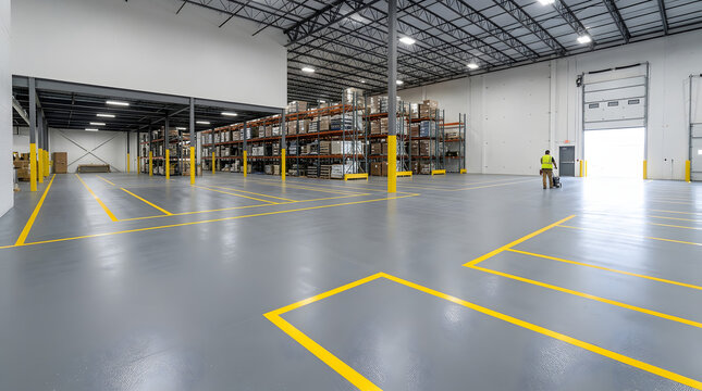 Industrial epoxy flooring warehouse interior with safety lines