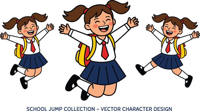 Cute Cartoon Happy School Girl Jumping And Celebrating In Uniform With Backpack School Jump Collection Character Design Vector Illustration