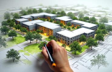 Obraz premium Architect draws building plans for urban development. Hand sketches model of modern housing complex, green spaces, roads. Design shows site layout, perspective, detailed construction.