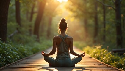 Fototapeta premium Woman meditates in lotus pose on wooden path in forest. Sunlight streams through trees, illuminating green nature. Person finds inner peace practicing yoga outdoors during golden hour. Healthy