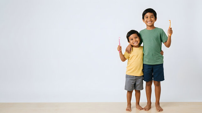 Two Latin American brothers smiling and holding toothbrushes for pediatric dental hygiene, space for copy text