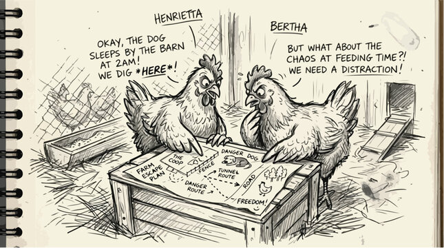 Vintage chicken cartoon illustration, funny farm escape plan sketch, hand drawn hen characters plotting heist in coop, monochrome comic art