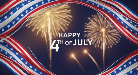 Fototapeta premium Happy 4th of July greeting with fireworks and patriotic wavy ribbons in red white and blue colors against a dark blue night sky background, festive celebration concept