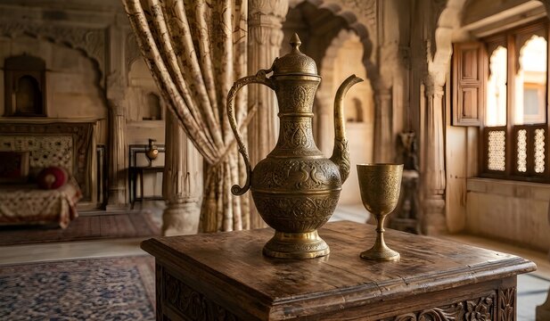 Antique carved brass surahi water vessel and goblet glass placed on a vintage wooden table inside a traditional Indian royal palace room