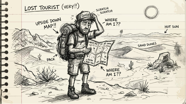 Lost tourist sketch on notebook paper, confused traveler with map in desert landscape, hand-drawn backpacker illustration with notes and sand dunes