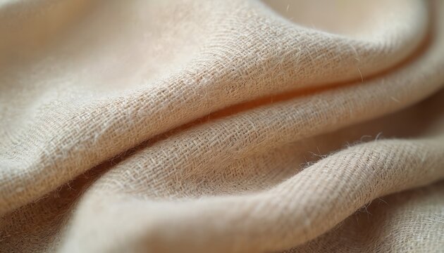 Closeup of beige linen fabric texture with coarse weave and natural slubs. Folds create depth and shadow on textile surface. Perfect for fashion design and home decor backgrounds.