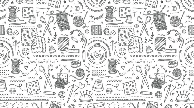 Monochrome sewing tools pattern featuring scissors thread needles buttons measuring tape and pins.
