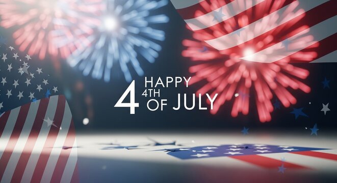 Happy 4th of July text with American flag elements and fireworks exploding in red and blue colors against a dark background, festive celebration concept.