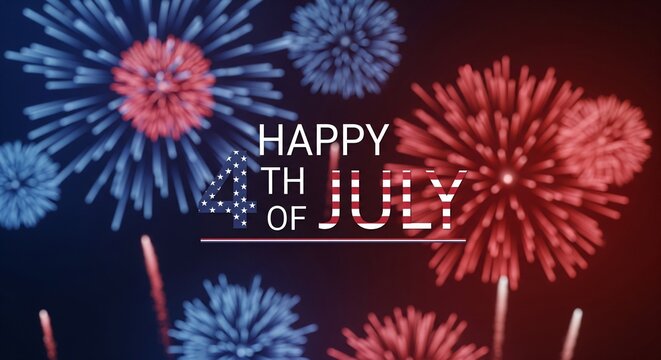 Happy 4th of July text overlay with red and blue fireworks exploding in the night sky, patriotic celebration concept, festive holiday background with American flag elements