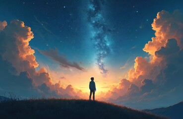 Fototapeta premium Young person stands on grassy hill looking at vast starry sky with colorful clouds. Person contemplates universe at twilight. Nature landscape with galaxies.